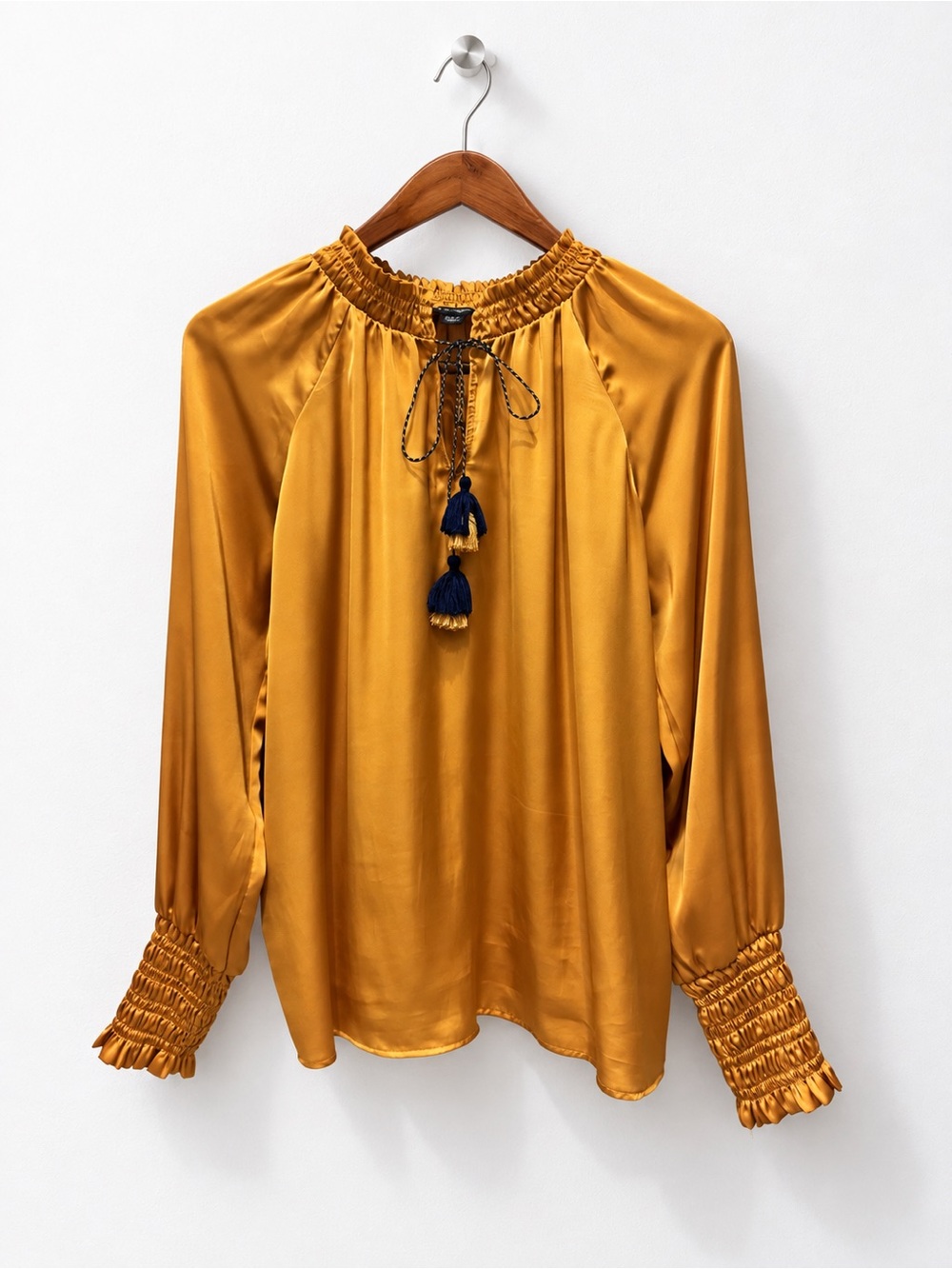 Lord & Taylor Gold Satin Tassel Blouse M Smocked Ruffle Cuffs